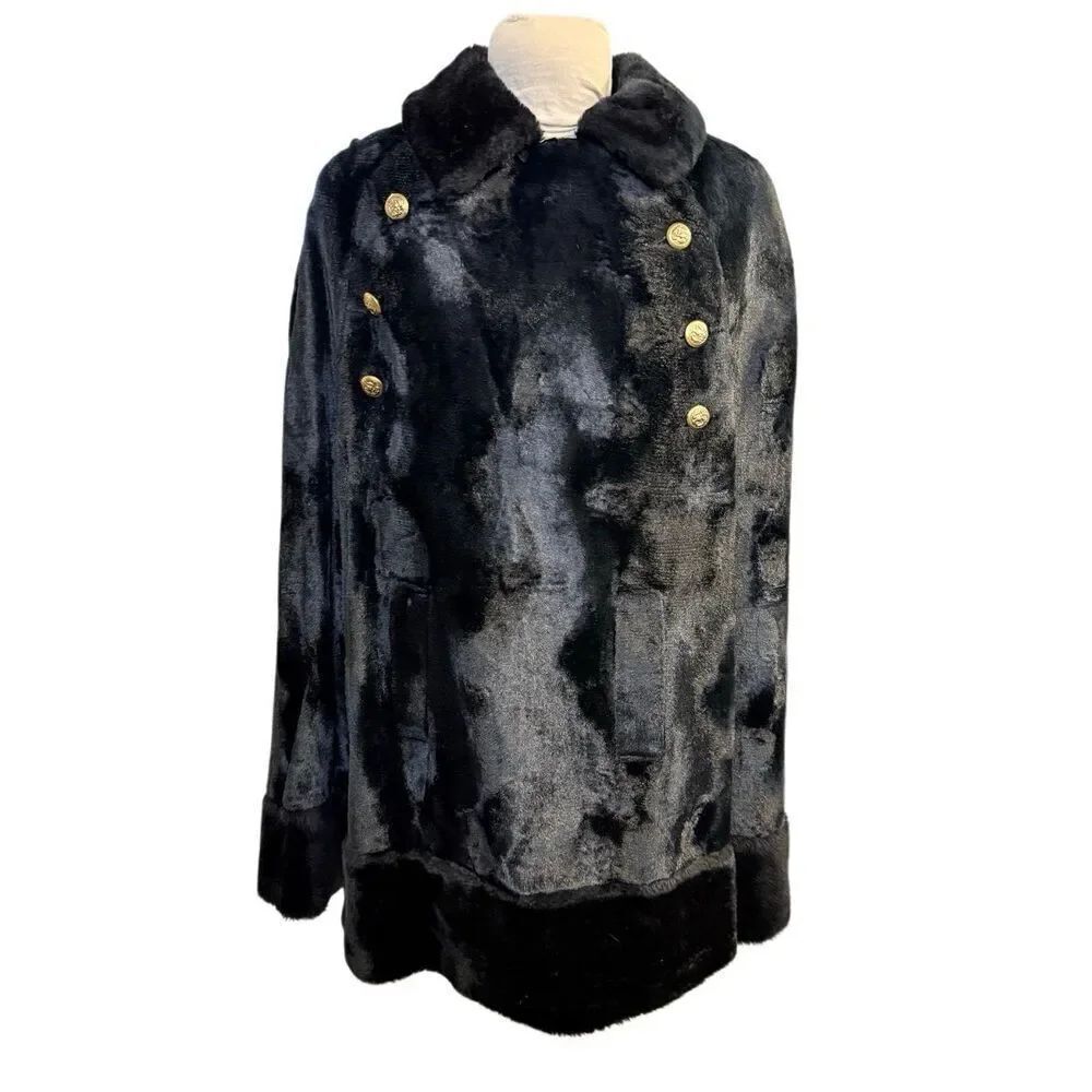 Faux Fur Vintage Cape Black Double Breasted Gold Buttons Union Label